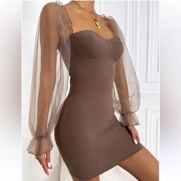 SHEIN Sweetheart Neck Flounce Sleeve Bodycon Mini Dress Mocha Brown - Picture 2 of 7